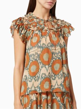 Ulla Johnson Cora Top in Nimbus Ruffle Silk Blend Blouse Gold Lurex Print Size 8